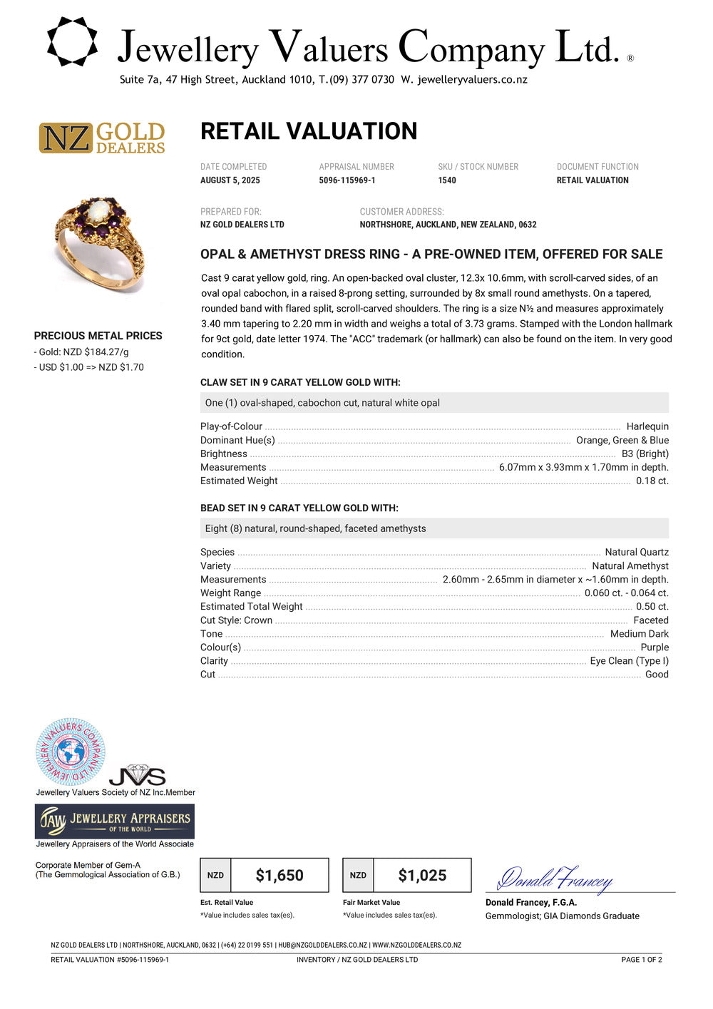 GOLD DEAL | FLASH SALE 9ct (9K) Gold Luminous Opal & Amethyst Dress Ring Valuation $1,650