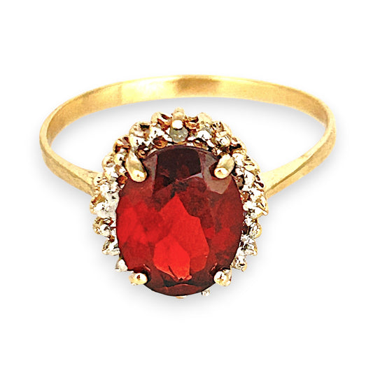 XMAS DEAL | 10kt Gold Ember Garnet & Diamond Halo Ring Size L 1/2