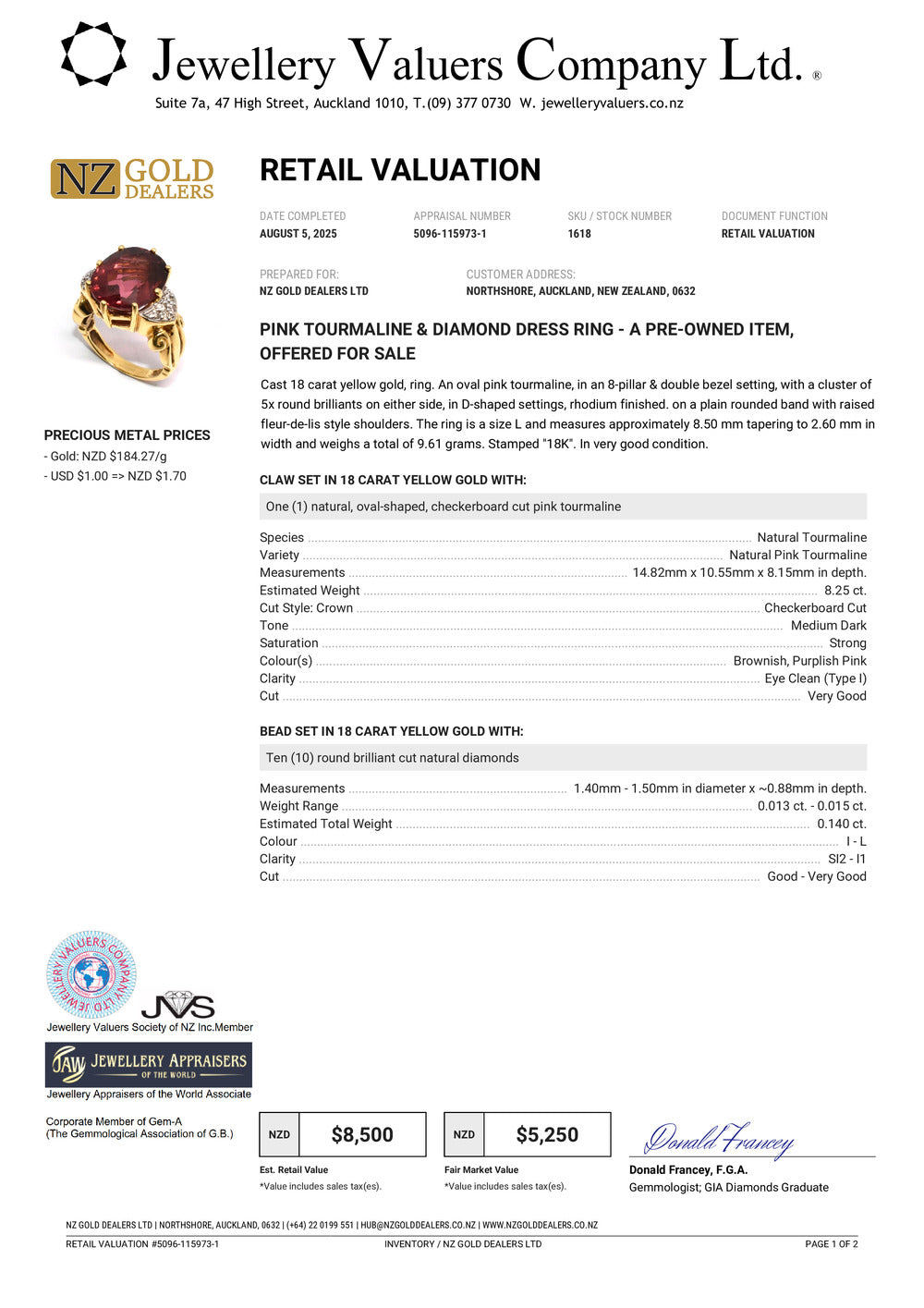 GOLD DEAL | 18ct (18K) Gold Pink Tourmaline & Diamond Dress Ring Valuation $8,500