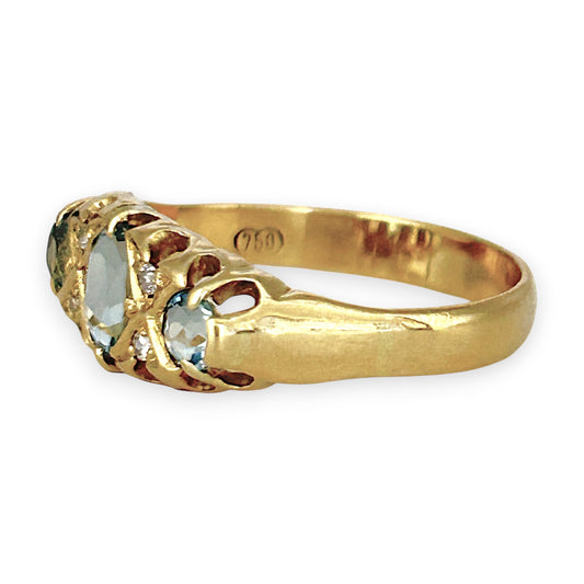 XMAS DEAL | 18kt Gold Aquamarine & Diamond Trilogy Refurbished Ring Valuation $3,250