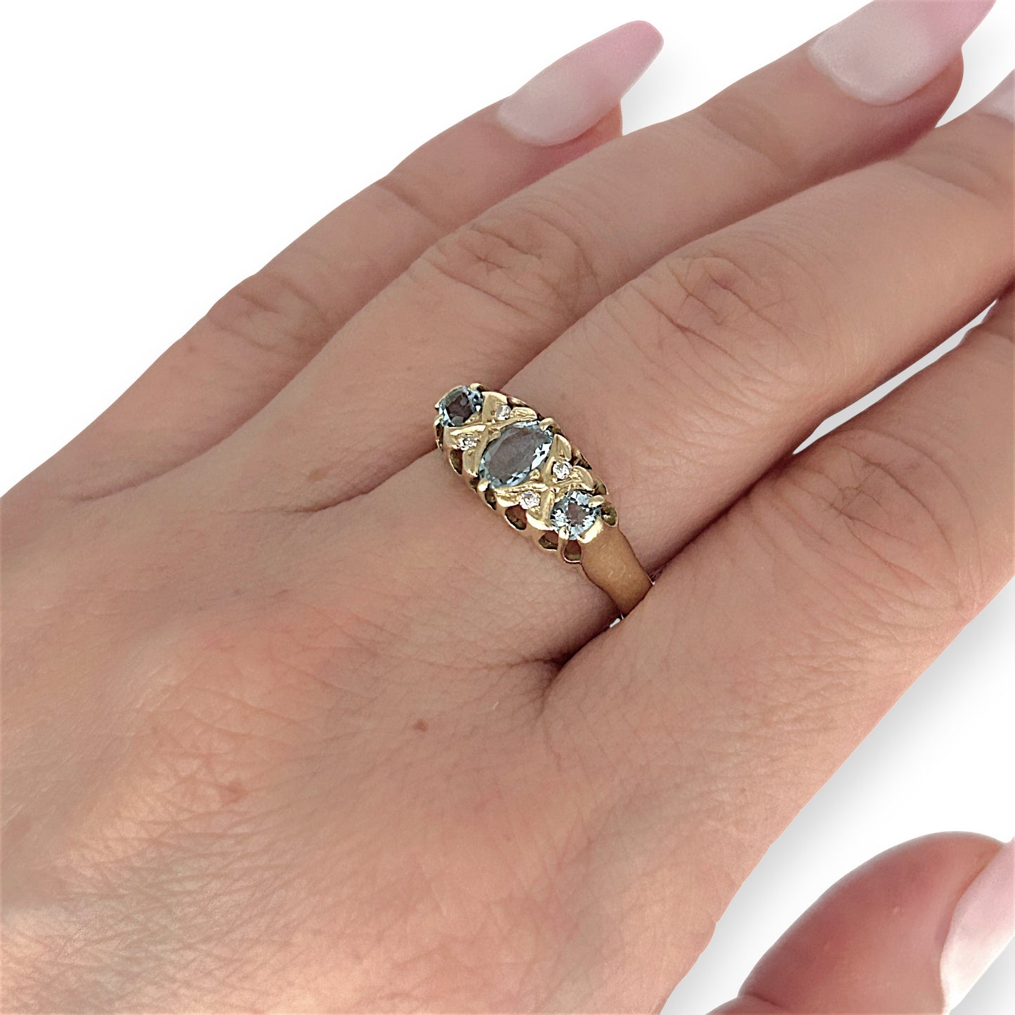 GOLD DEAL | 18ct (18K) Gold Aquamarine & Diamond Trilogy Refurbished Ring Valuation $3,250