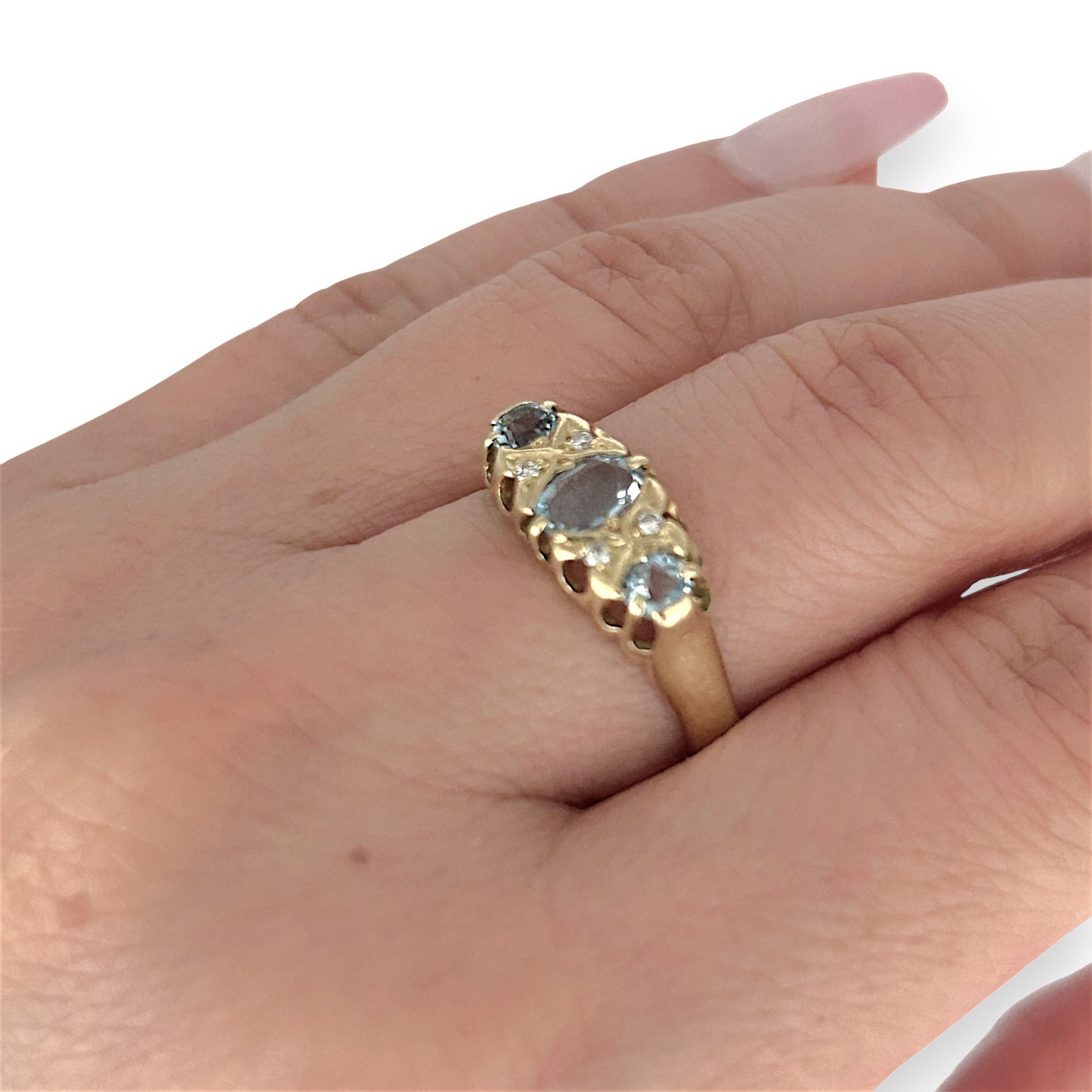 GOLD DEAL | 18ct (18K) Gold Aquamarine & Diamond Trilogy Refurbished Ring Valuation $3,250