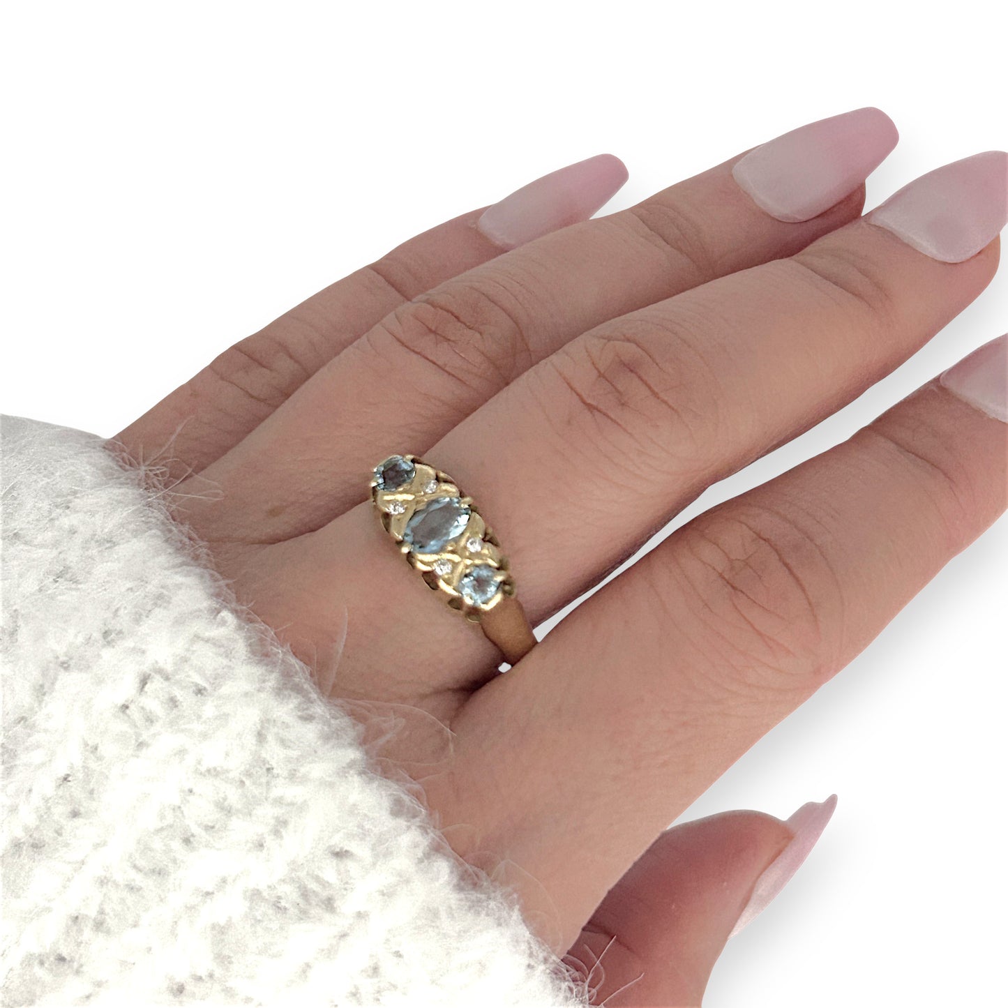 GOLD DEAL | 18ct (18K) Gold Aquamarine & Diamond Trilogy Refurbished Ring Valuation $3,250