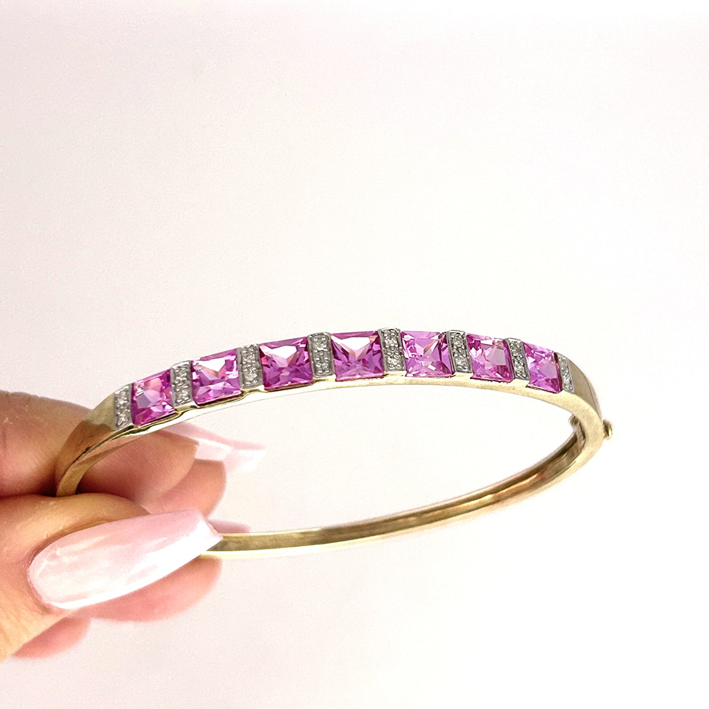 GOLD DEAL | 9ct (9K) Gold Refurbished Pink Sapphire & Diamond Oval Bangle 64.3mm Valuation $3,200