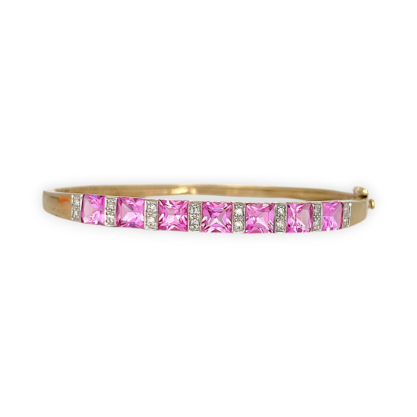 GOLD DEAL | 9ct (9K) Gold Refurbished Pink Sapphire & Diamond Oval Bangle 64.3mm Valuation $3,200