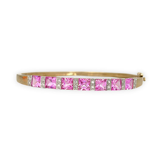 GOLD DEAL | 9ct (9K) Gold Refurbished Pink Sapphire & Diamond Oval Bangle 64.3mm Valuation $3,200
