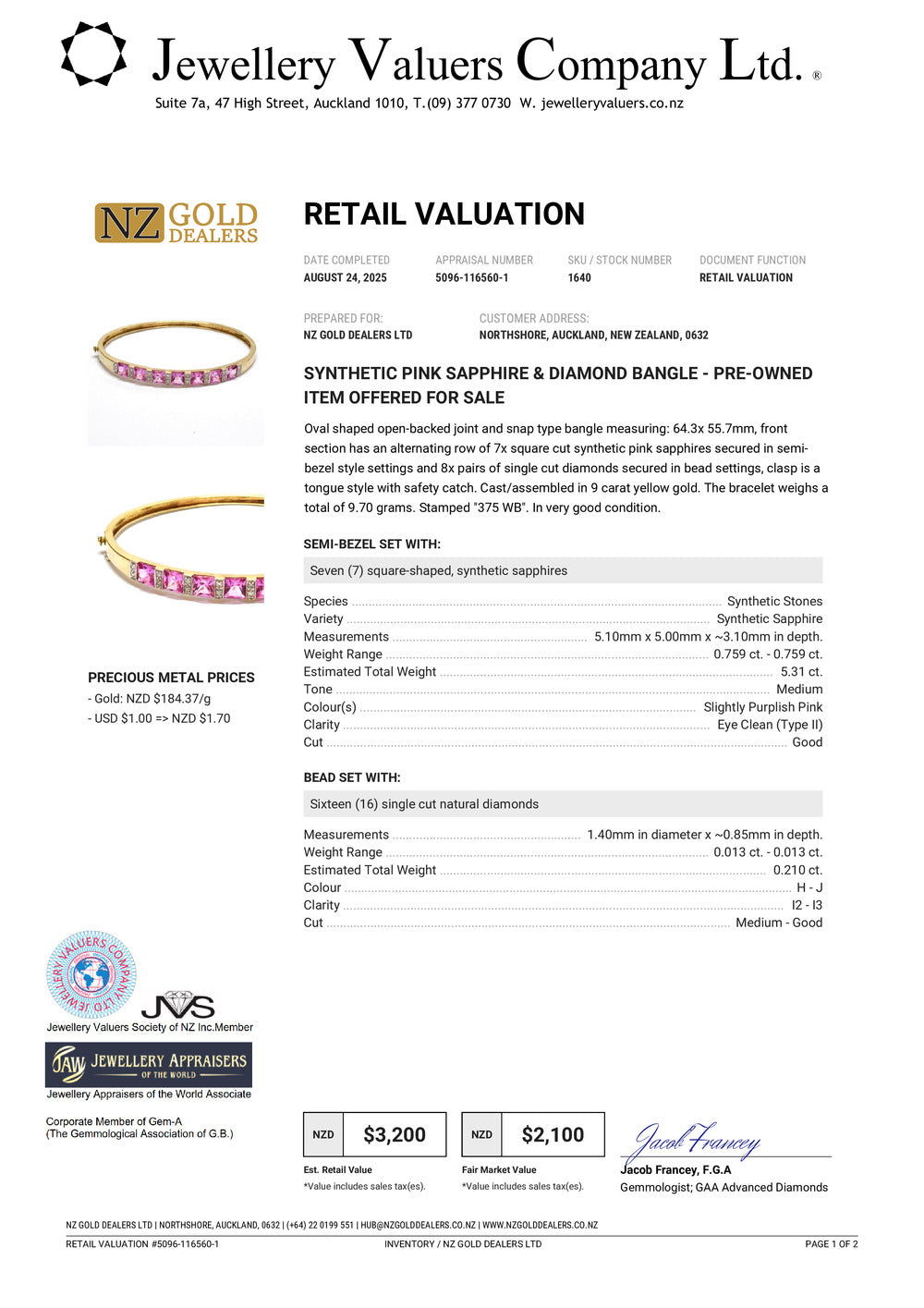 GOLD DEAL | 9ct (9K) Gold Refurbished Pink Sapphire & Diamond Oval Bangle 64.3mm Valuation $3,200