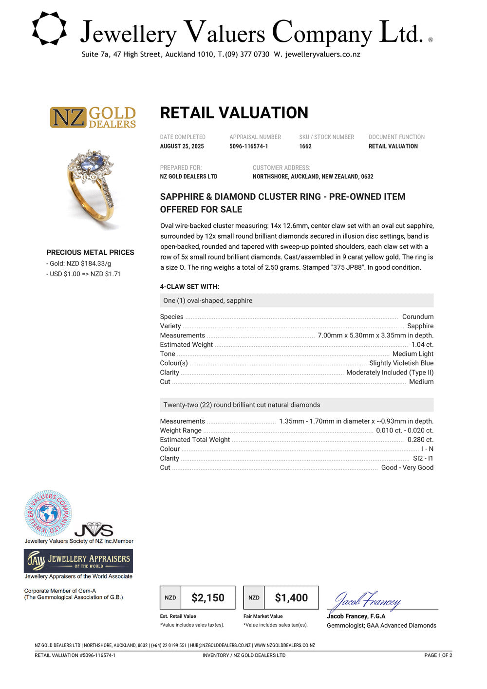 GOLD DEAL | 9ct (9K) Gold Refurbished Sapphire & Diamond Cluster Ring Size O Valuation $2,150