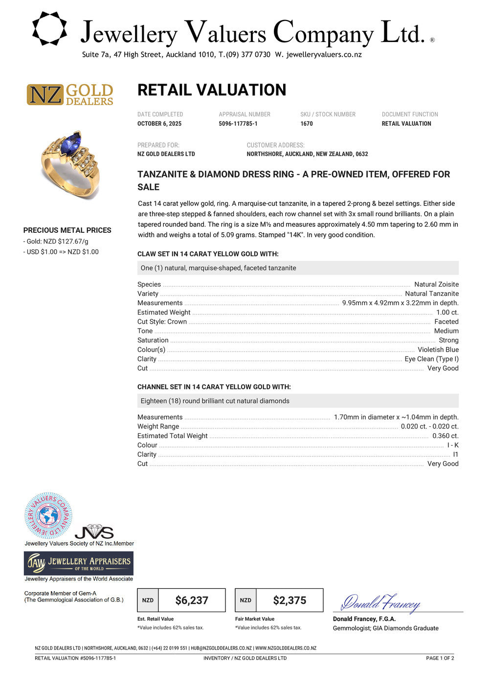 GOLD DEAL | 14ct Gold Bold Blue Tanzanite 1.00ct & Diamond 0.36ct Ring Valuation $6,237