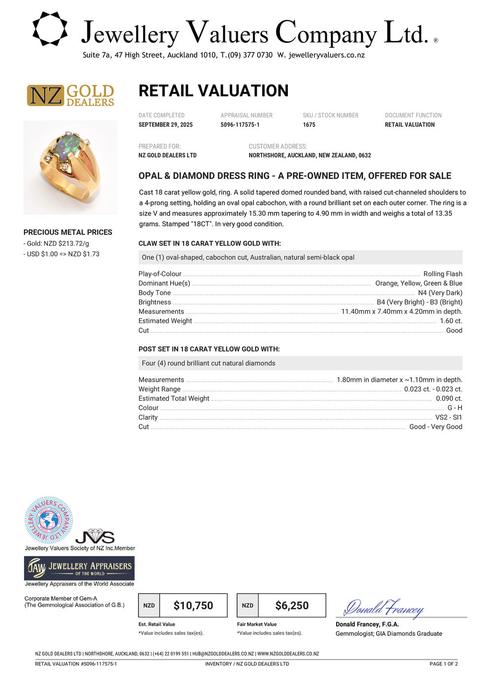 GOLD DEAL | 18ct (18K) Gold Serene Sparkle Oval Opal & Diamond Ring Valuation $10,750