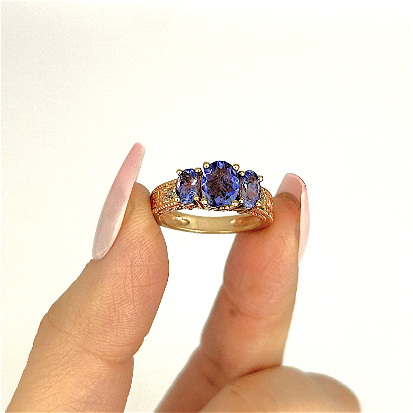 GOLD DEAL | 14ct Gold Luxurious Tri Tanzanite 2.0ct & Diamond Ring Valuation $5,456
