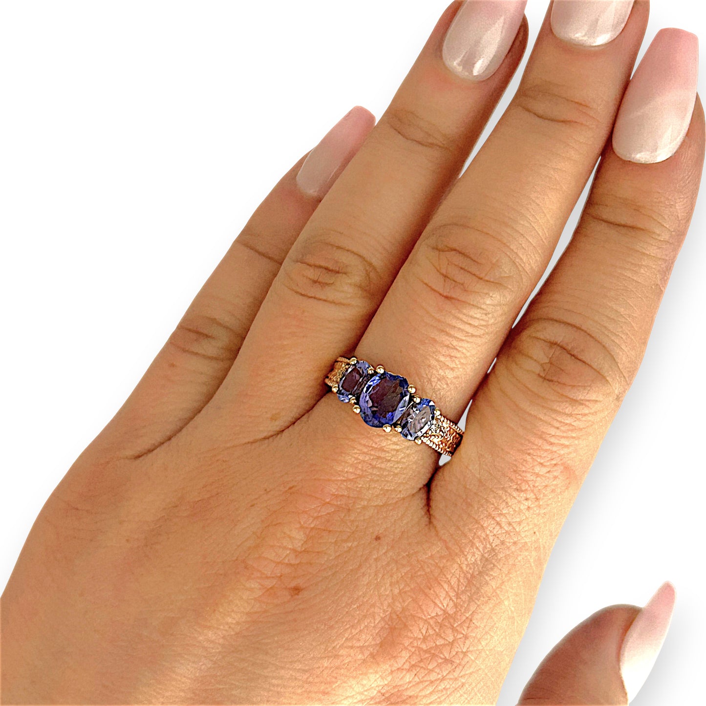 GOLD DEAL | 14ct Gold Luxurious Tri Tanzanite 2.0ct & Diamond Ring Valuation $5,456