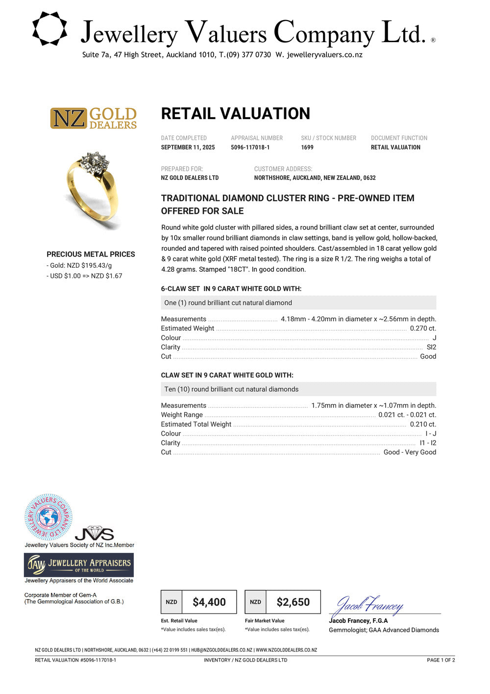 GOLD DEAL | 18ct (18K) Gold Cluster Diamond 0.48ct Ring Valuation $4,400