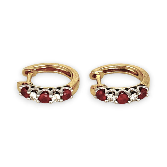 GOLD DEAL | 18ct Gold Ruby & Diamonds Huggie Earrings 13.9mm