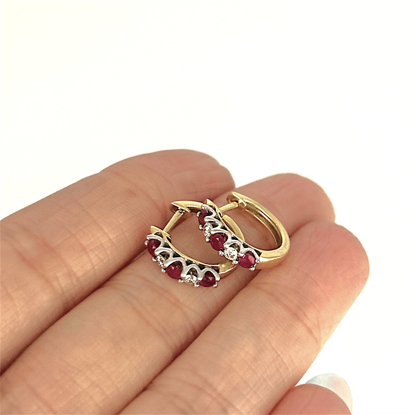 GOLD DEAL | 18ct Gold Ruby & Diamonds Huggie Earrings 13.9mm