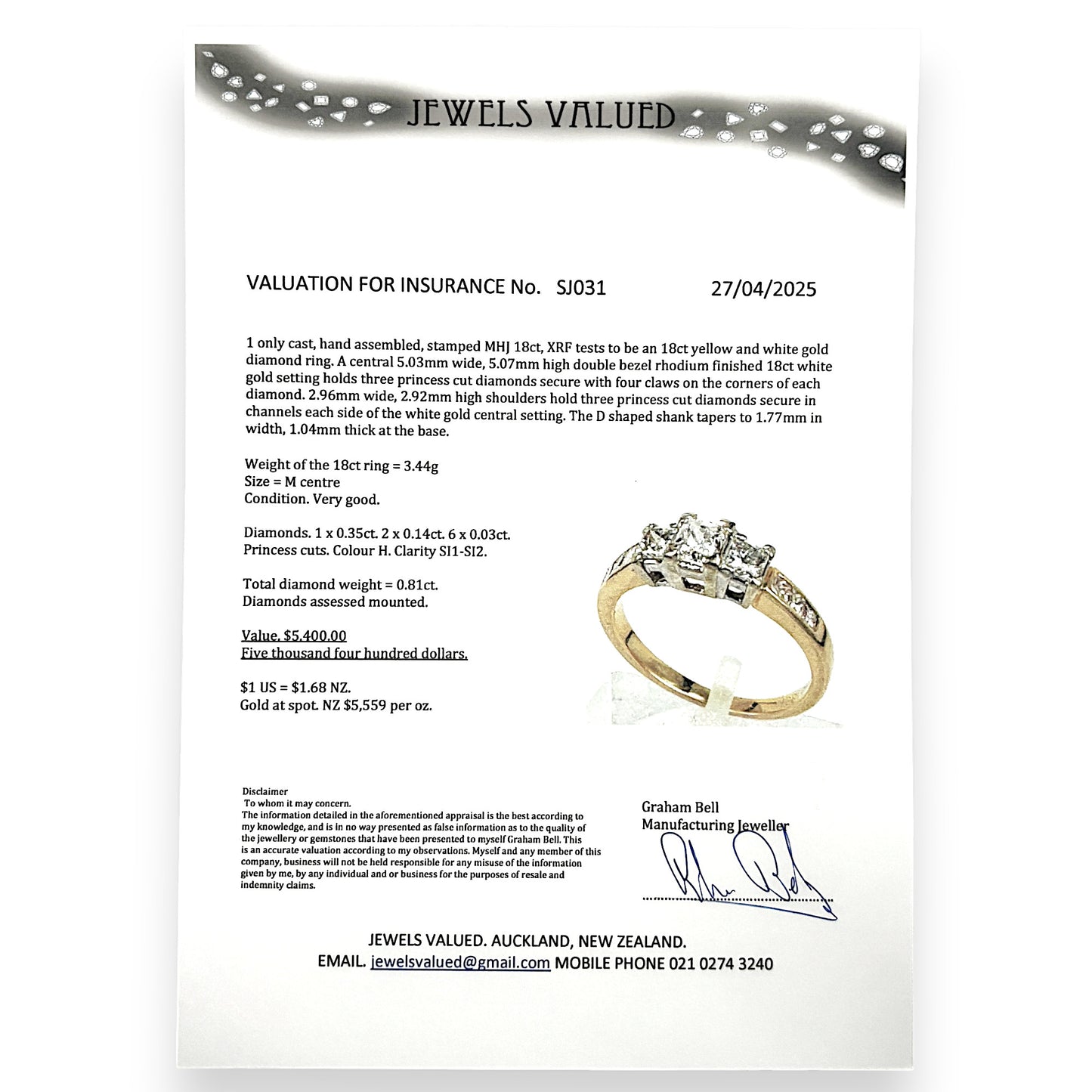 FLASH SALE | 18K Y/W Gold 0.81ct Princess Cuts Diamond Ring Valuation $5,400. R # 177