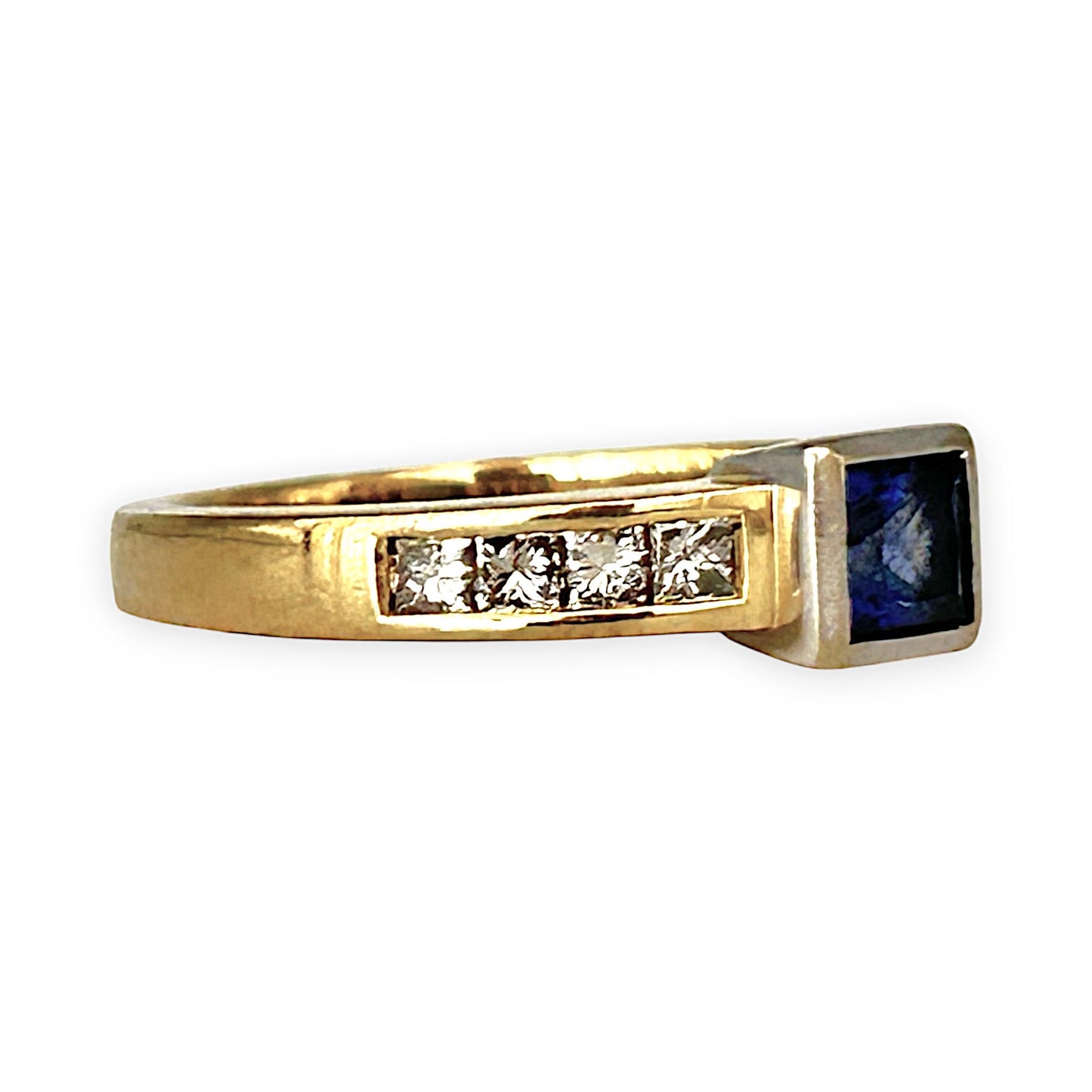 GOLD DEAL | 18ct (18K) Y/W Gold Blue Sapphire & Princess Cut 0.48ct Diamond Ring Size N
