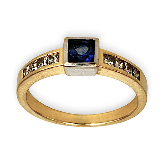GOLD DEAL | 18ct (18K) Y/W Gold Blue Sapphire & Princess Cut 0.48ct Diamond Ring Size N