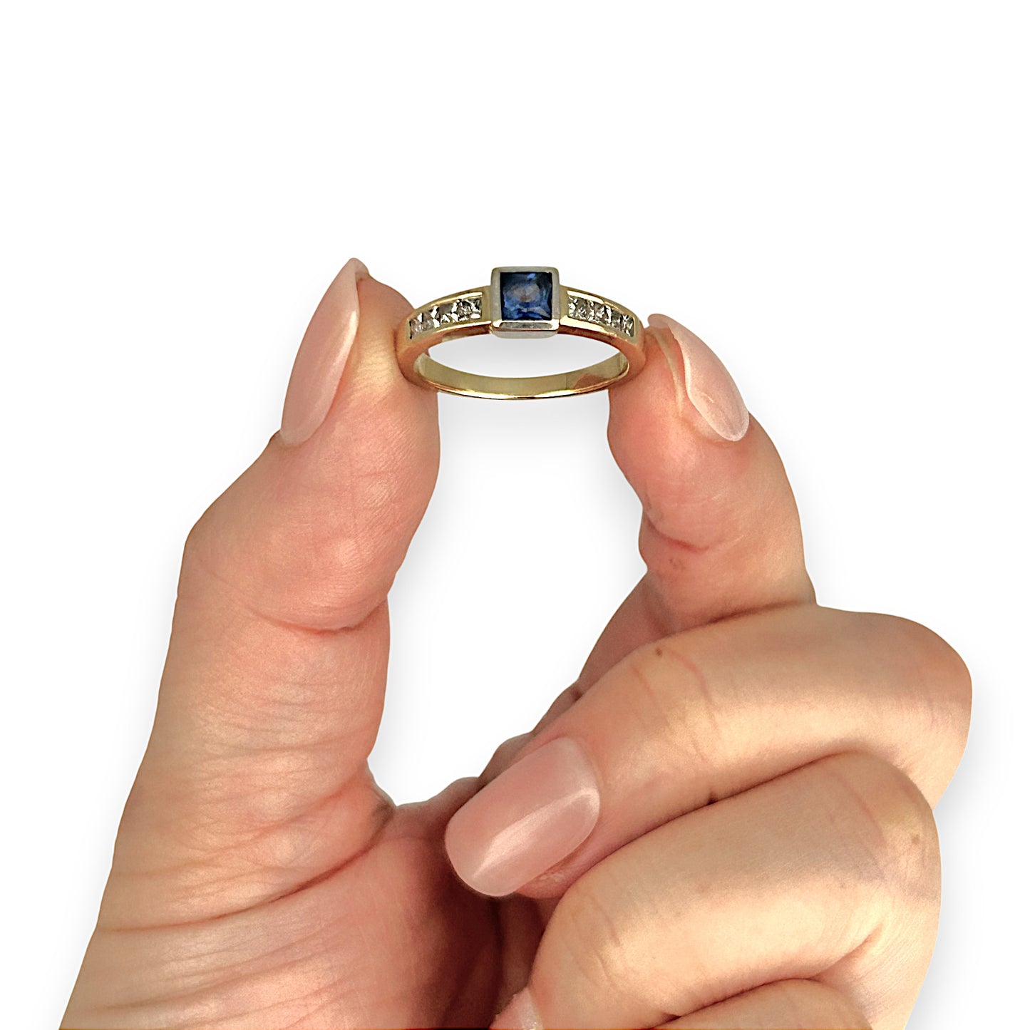 GOLD DEAL | 18ct (18K) Y/W Gold Blue Sapphire & Princess Cut 0.48ct Diamond Ring Size N
