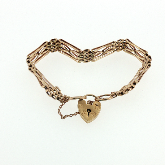 NZGD | 9ct Gold Bar Gate Link Bracelet with Heart Padlock 18cm