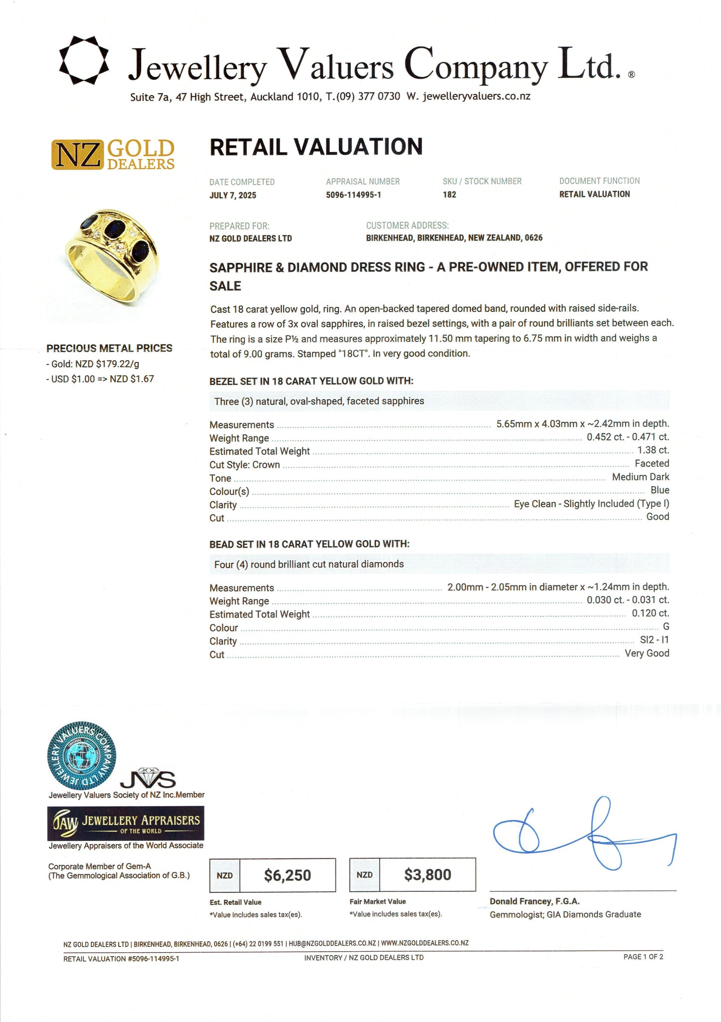 GOLD DEAL | 18ct (18K) Gold Sapphire & Diamond Dress Ring Valuation $6,250