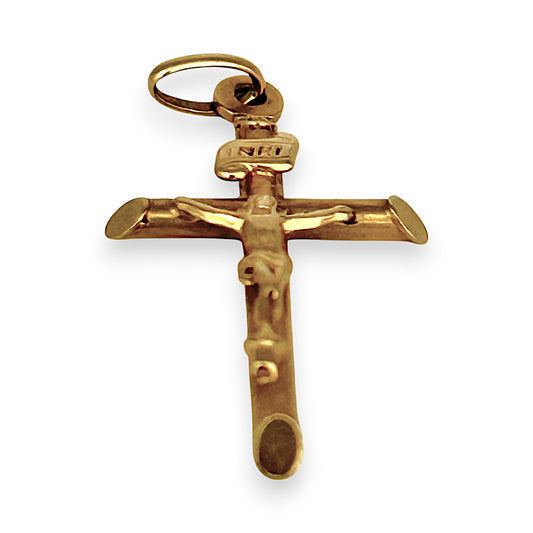 GOLD DEAL | 18ct (18K) Gold Crucifix Refined Cut-Edge Round Cross Small Pendant