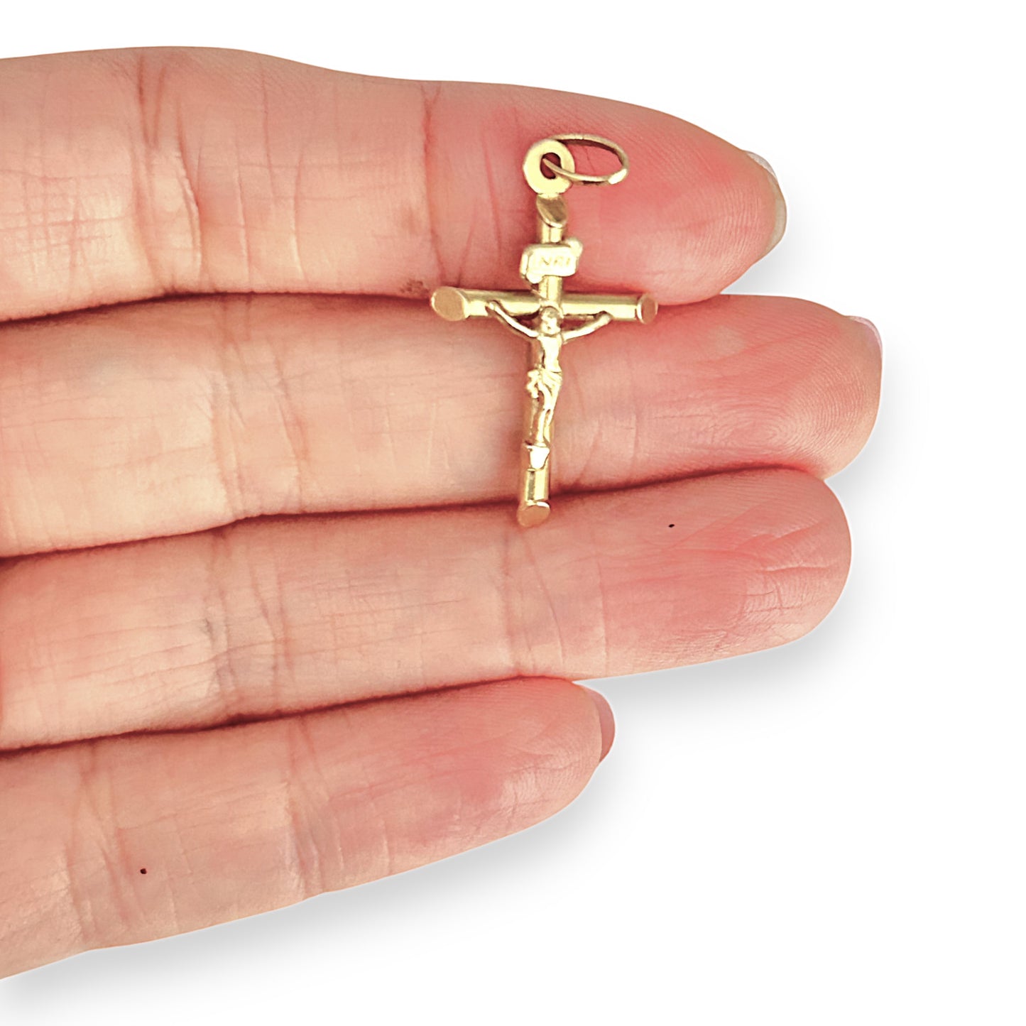 GOLD DEAL | 18ct (18K) Gold Crucifix Refined Cut-Edge Round Cross Small Pendant