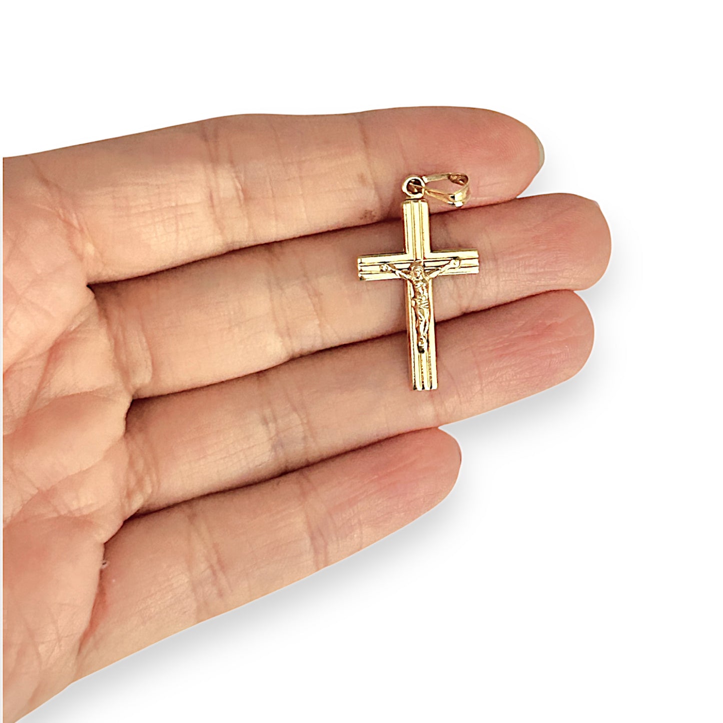 GOLD DEAL | 18ct (18K) Gold Crucifix Cross with Engraved Lines Pendant