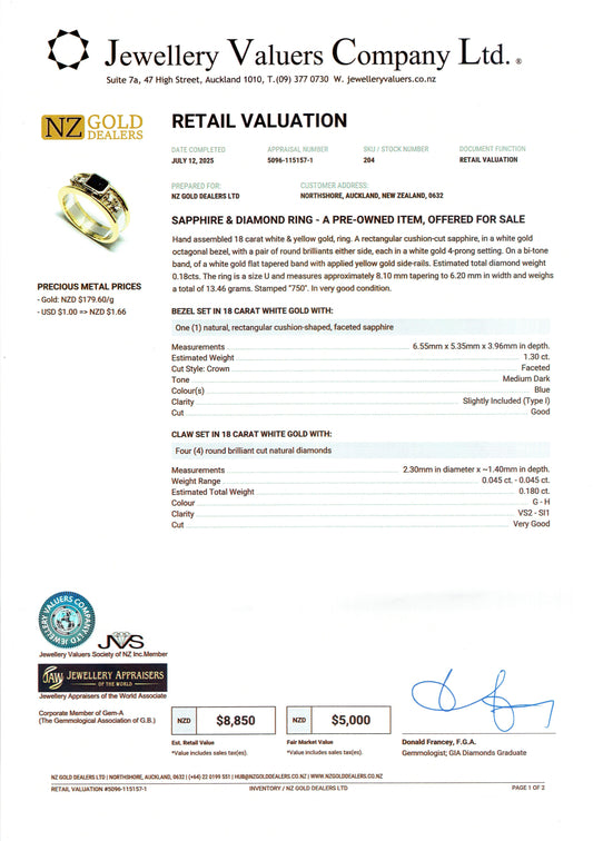 GOLD DEAL | 18ct (18K) Y/W Gold 5 Stones, Sapphire & Diamonds Ring Valuation $8,850