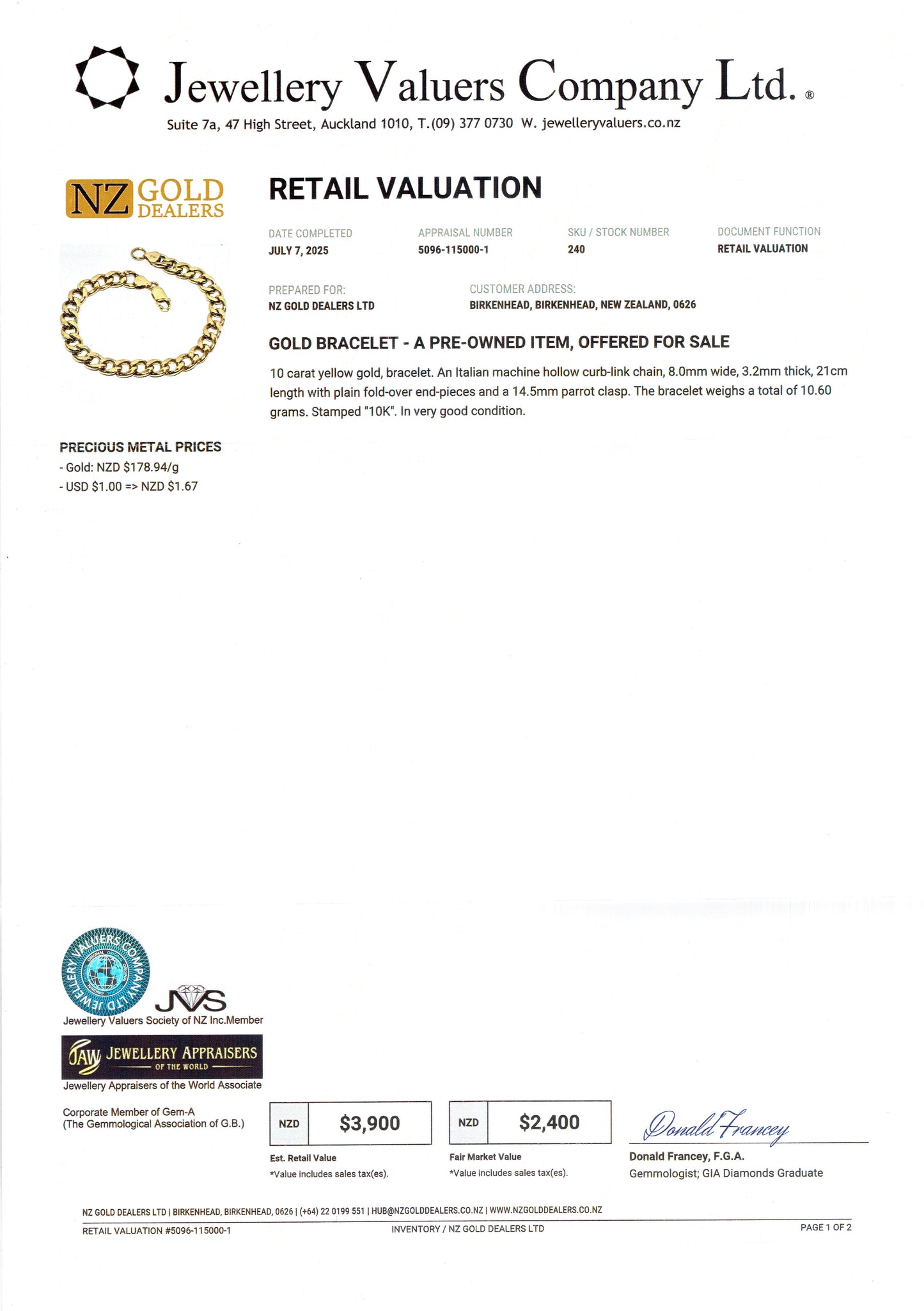 GOLD DEAL | FLASH SALE 10ct (10K) Gold 21.5cm Round Soft Edge Curb Link Bracelet Valuation $3,900