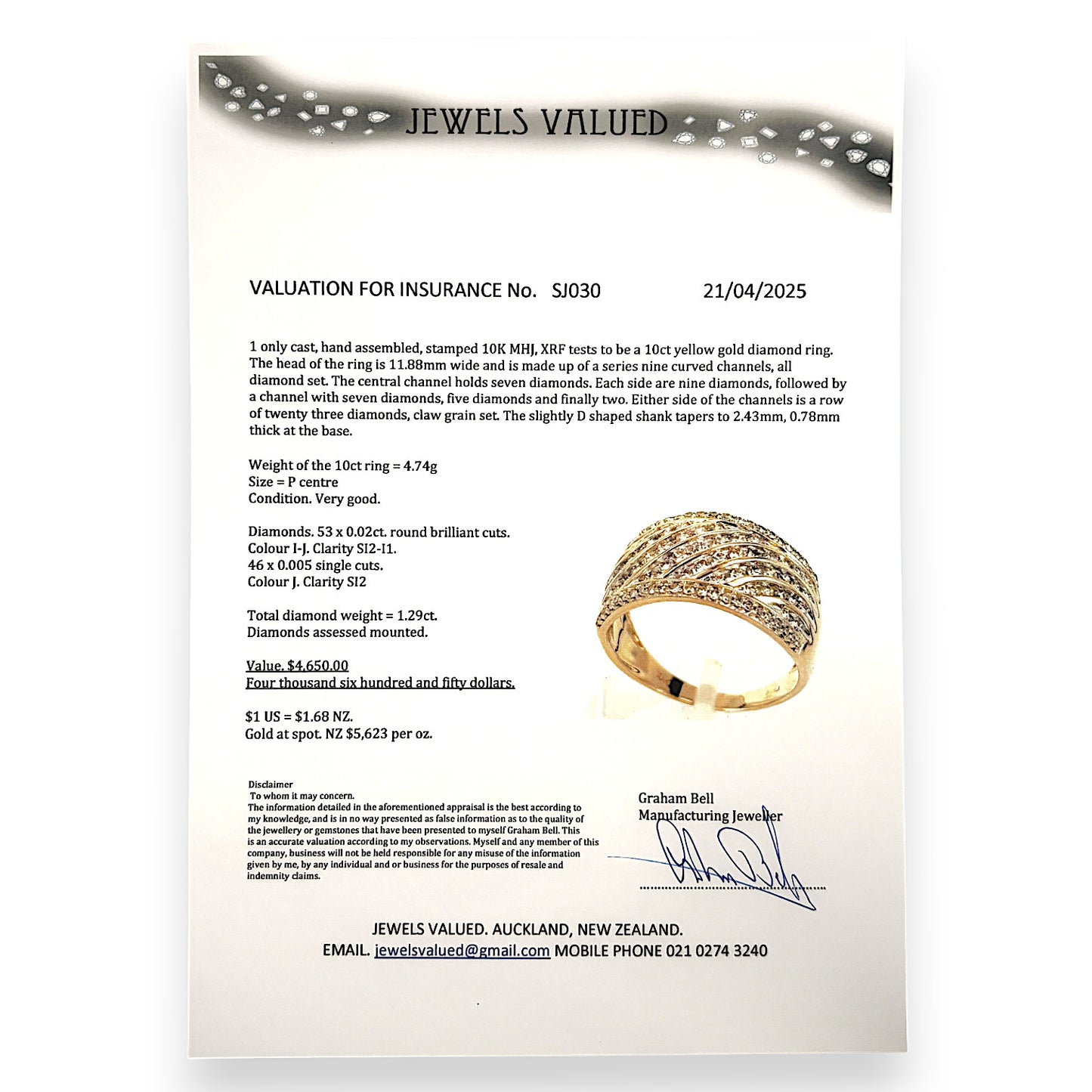 10ct Gold Curved Channels 1.29ct Diamond Set Ring Valuation $4,650. R # 246