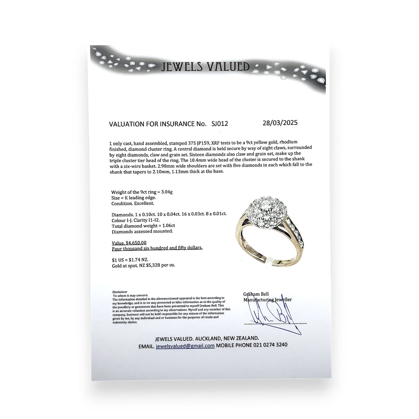 GOLD DEAL | 9ct Gold Diamond 1.06ct Ring Size K Valuation $4,650