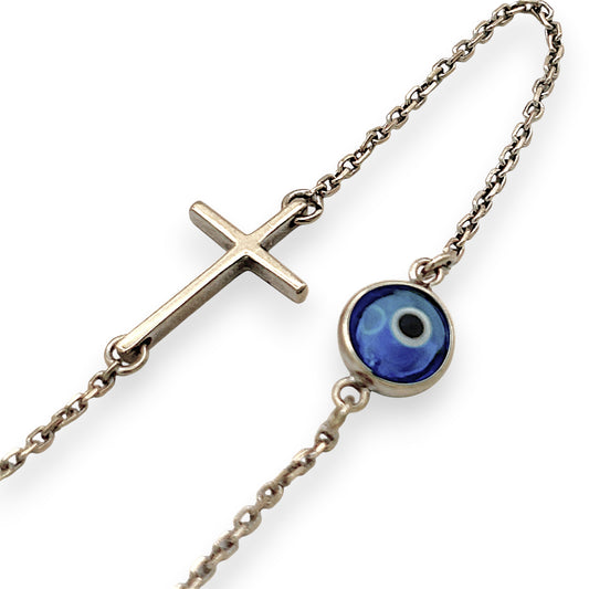 NZGD | 18ct White Gold Blue Evil Eye Cross Bracelet 18.5cm