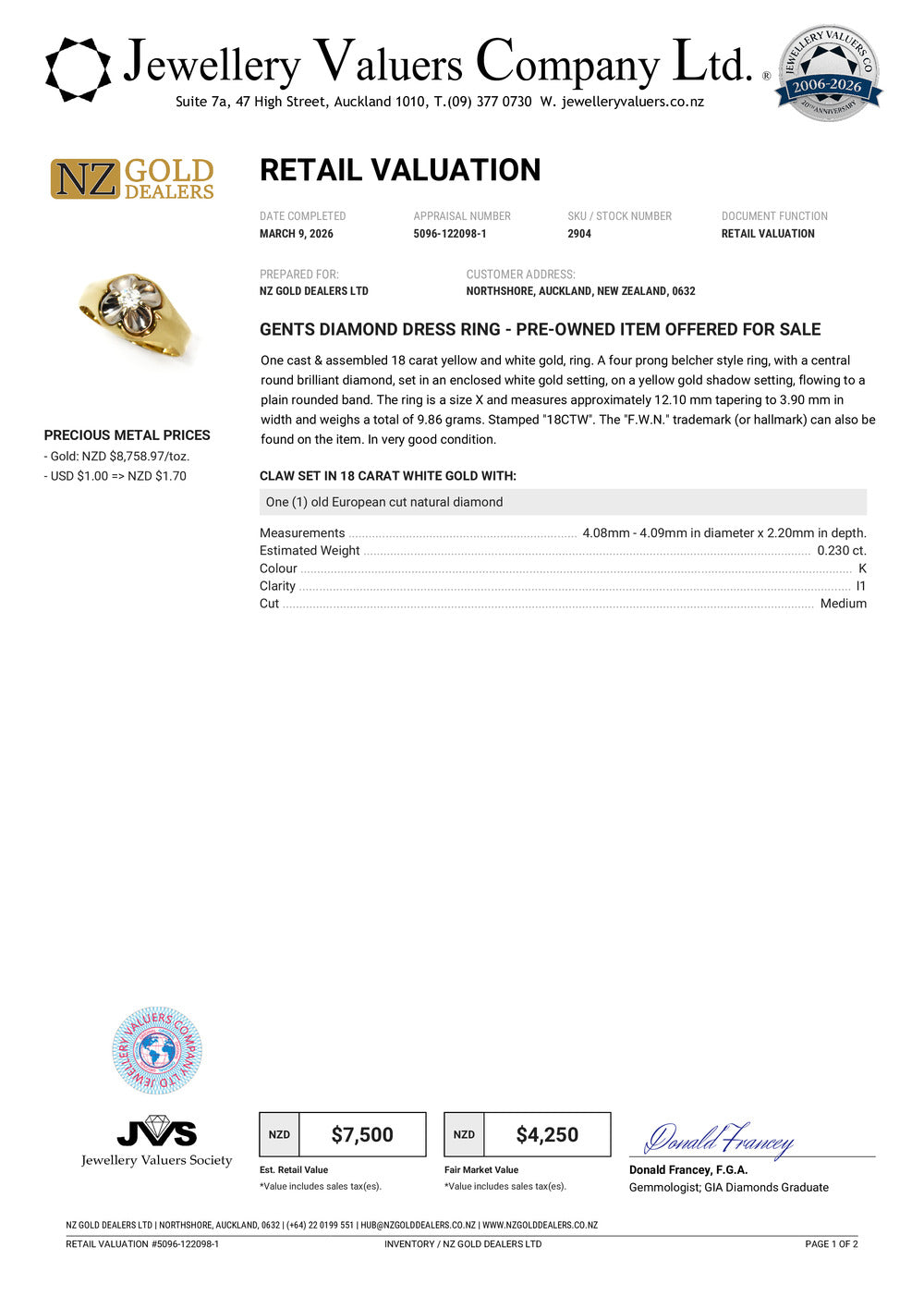 NZGD | 18ct Gold Golden Fleur Royale Ring Valuation $7,500