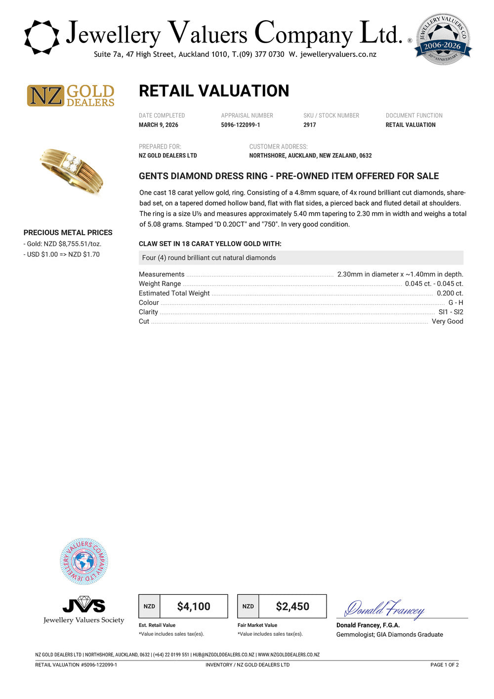 NZGD | 18ct Gold Eternal Quad Spark Ring Valuation $4,100