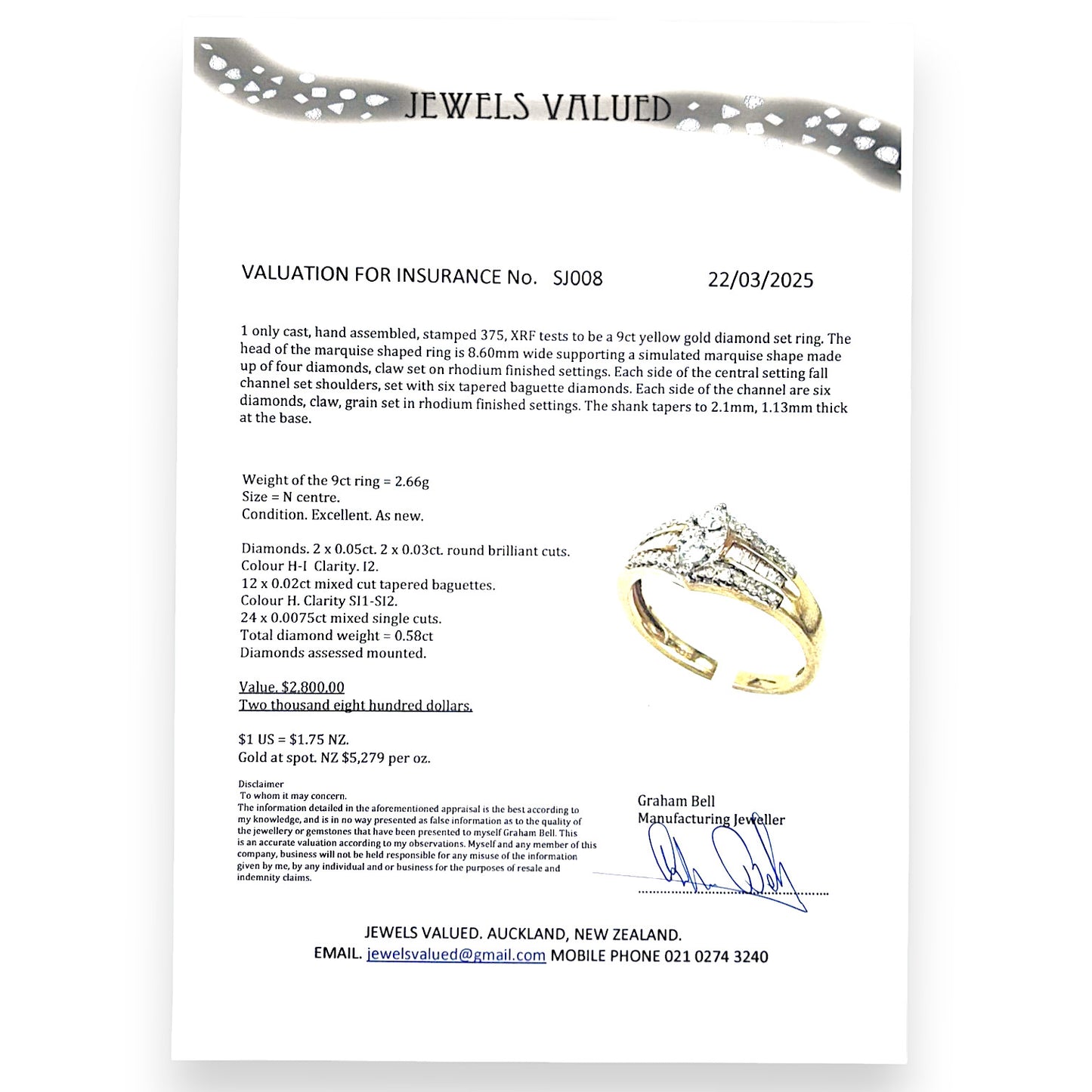 GOLD DEAL | 9ct Gold Marquise Diamond Ring Valuation $2,800 Size N. R # 297