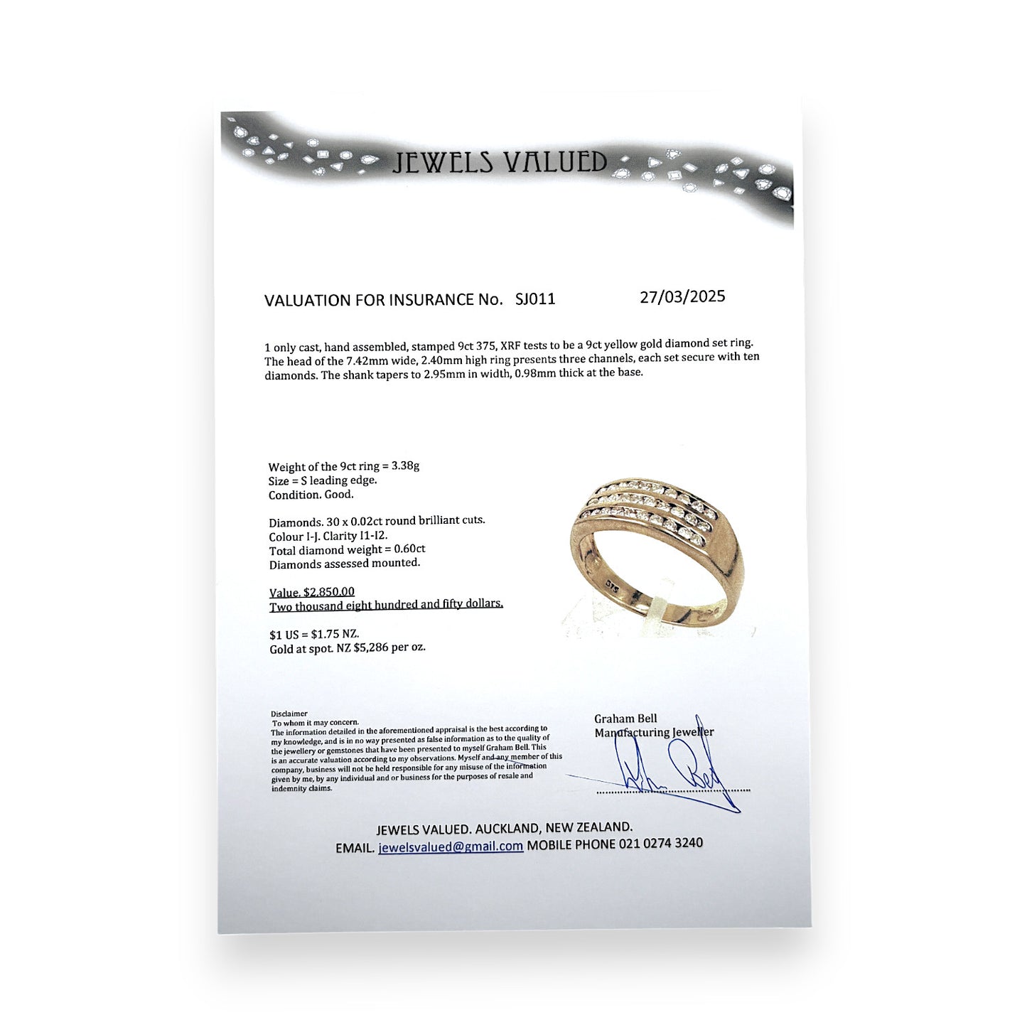 9ct Gold Channel Set Diamond Ring Size S, Valuation $2,850. R # 312