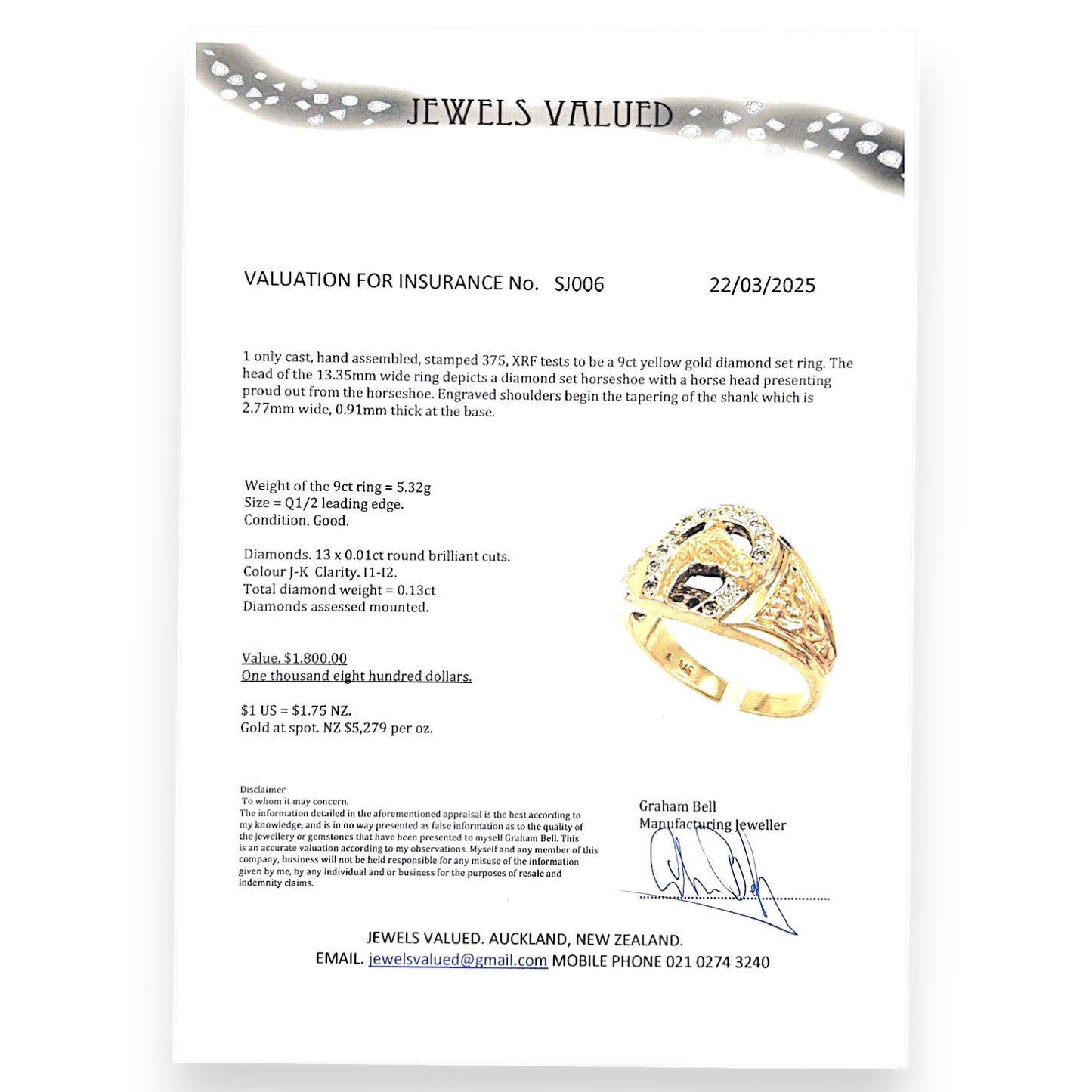 9ct Gold Diamond Set Horseshoe & Horse Head Valuation $1,800 Size Q1/2. R # 322