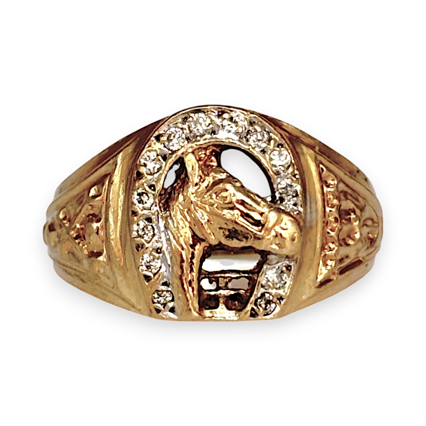 9ct Gold Diamond Set Horseshoe & Horse Head Valuation $1,800 Size Q1/2. R # 322