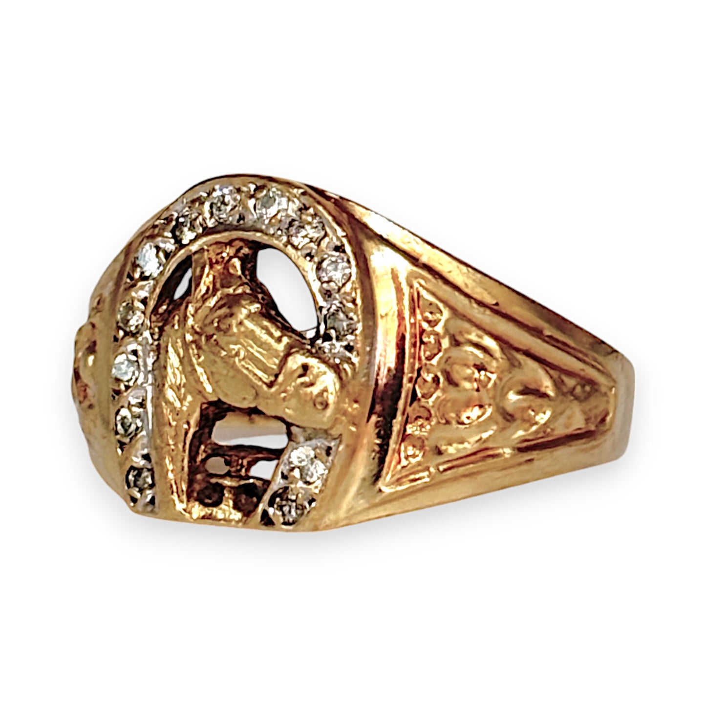 9ct Gold Diamond Set Horseshoe & Horse Head Valuation $1,800 Size Q1/2. R # 322