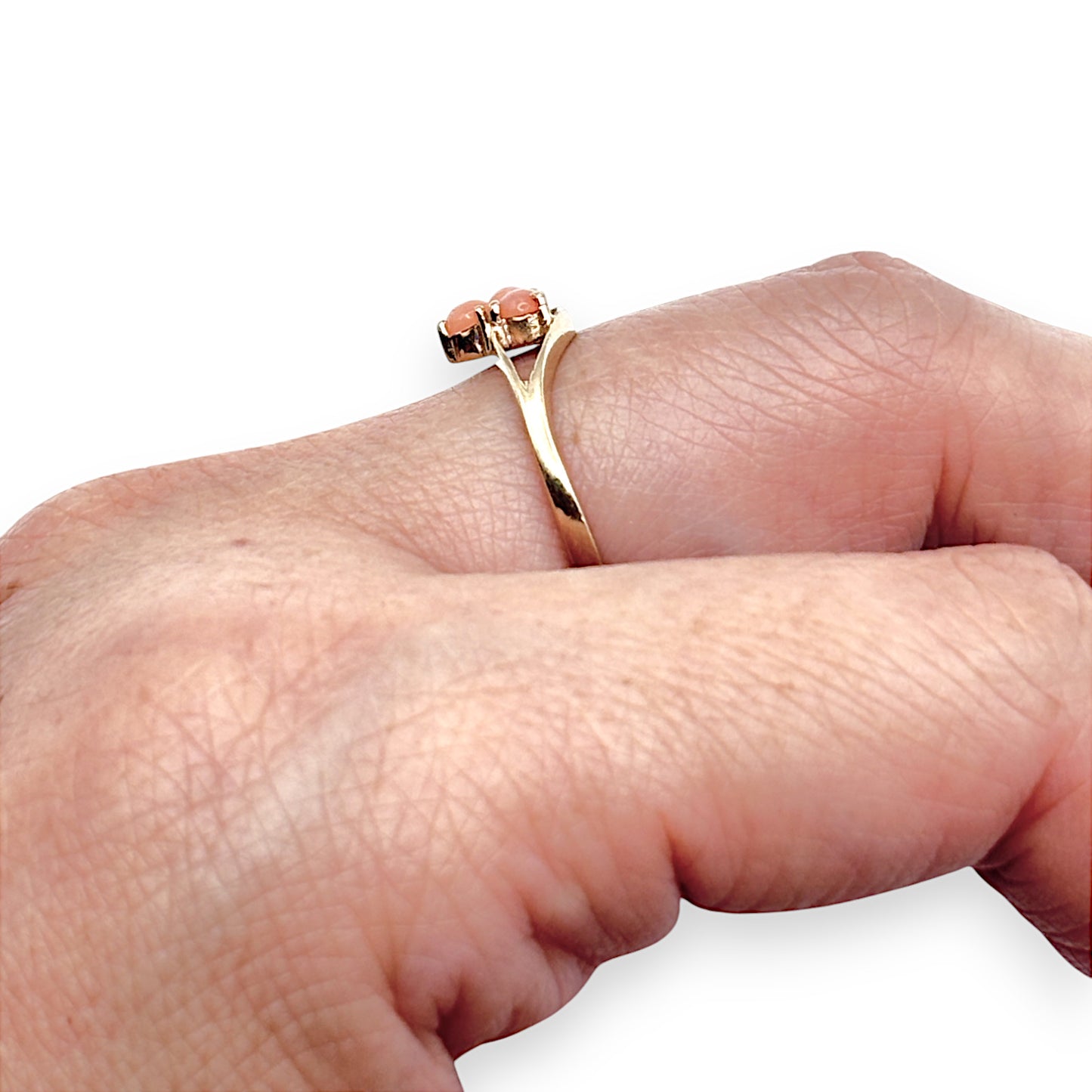 9ct Gold Three Skin Pink Coral Stones Ring. R # 324