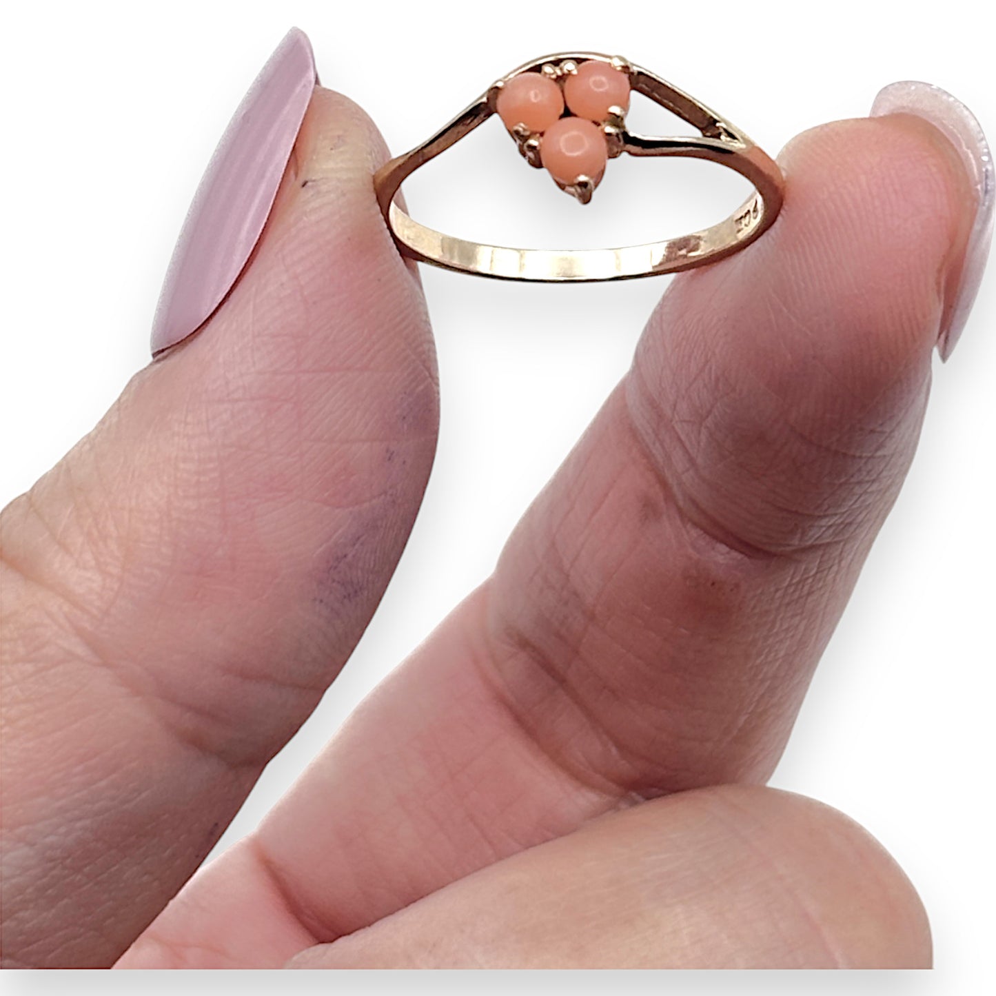 9ct Gold Three Skin Pink Coral Stones Ring. R # 324