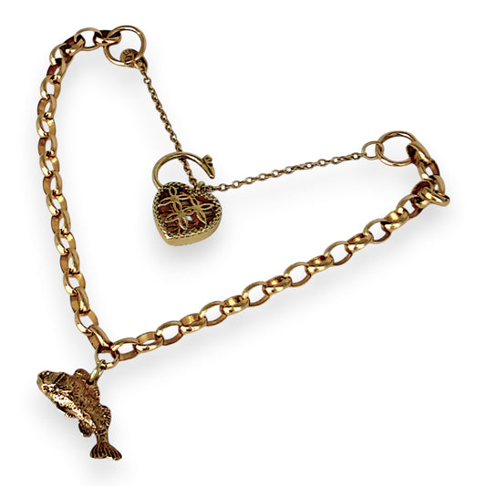 NZGD | MHJ 10ct Gold Vintage‑Style Bracelet with Heart Padlock & Fish Charm