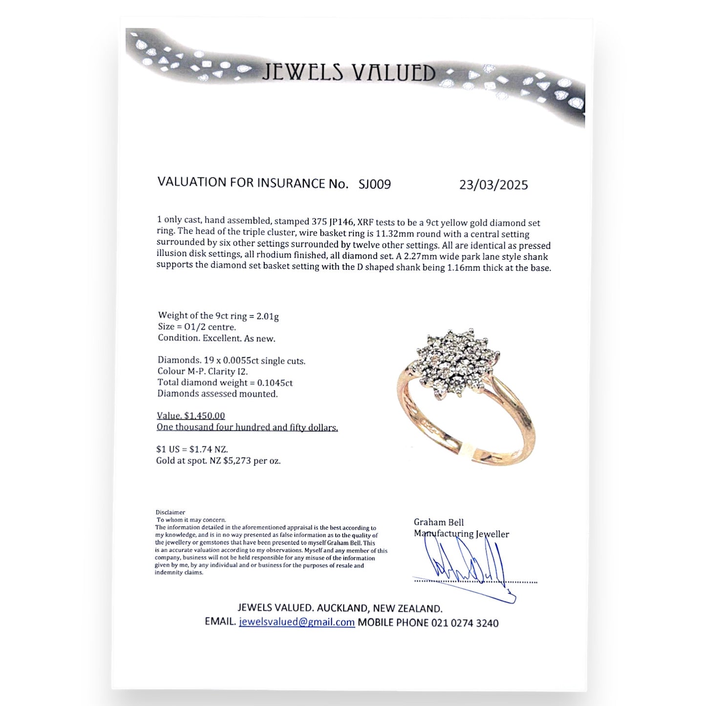 GOLD DEAL | 9ct Gold Diamond Triple Cluster Set Ring Valuation $1,450 Size O1/2