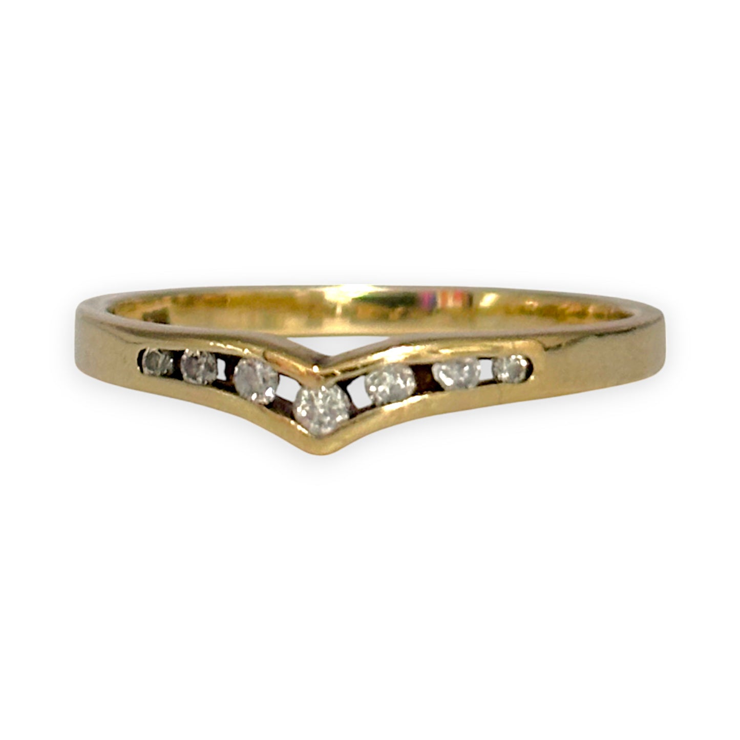 9ct Gold Subtle V Ring with Set of 7 Diamonds, Size P. R # 335
