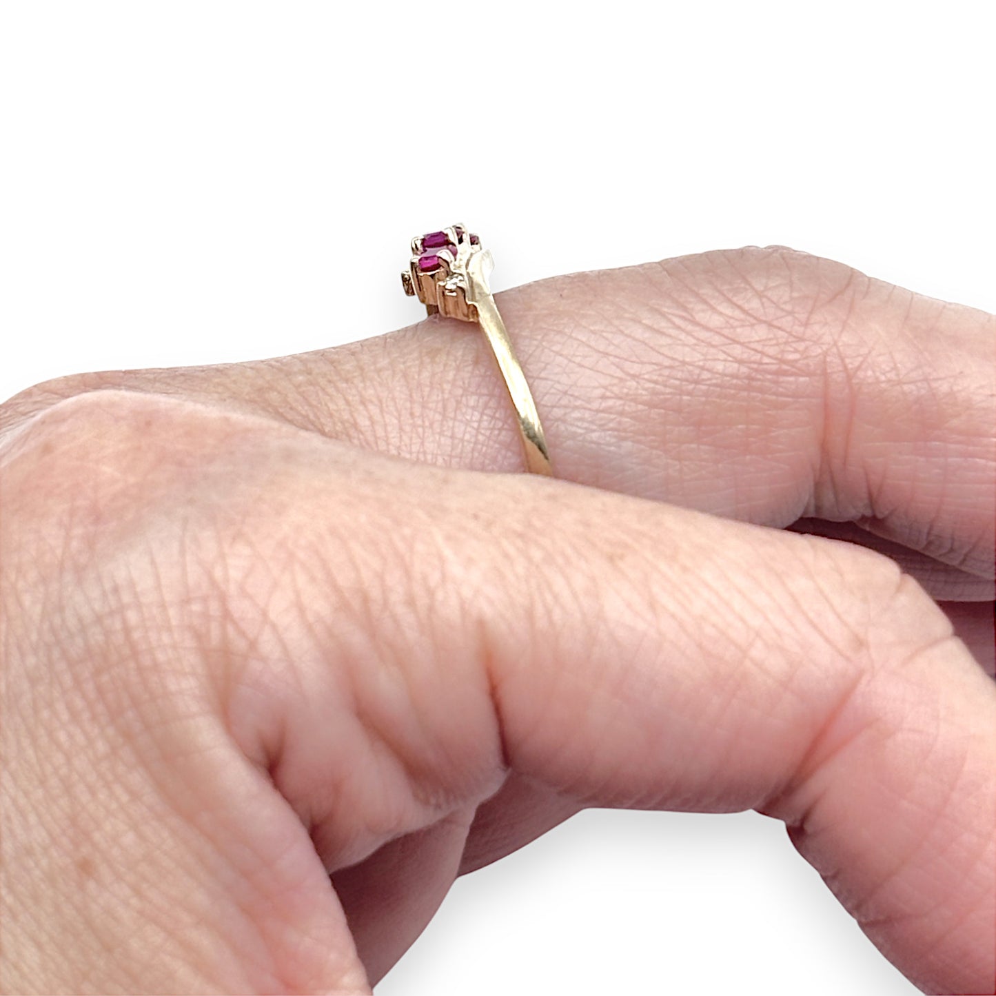 9ct Gold Three Stone Ruby with Diamonds Ring. R # 344