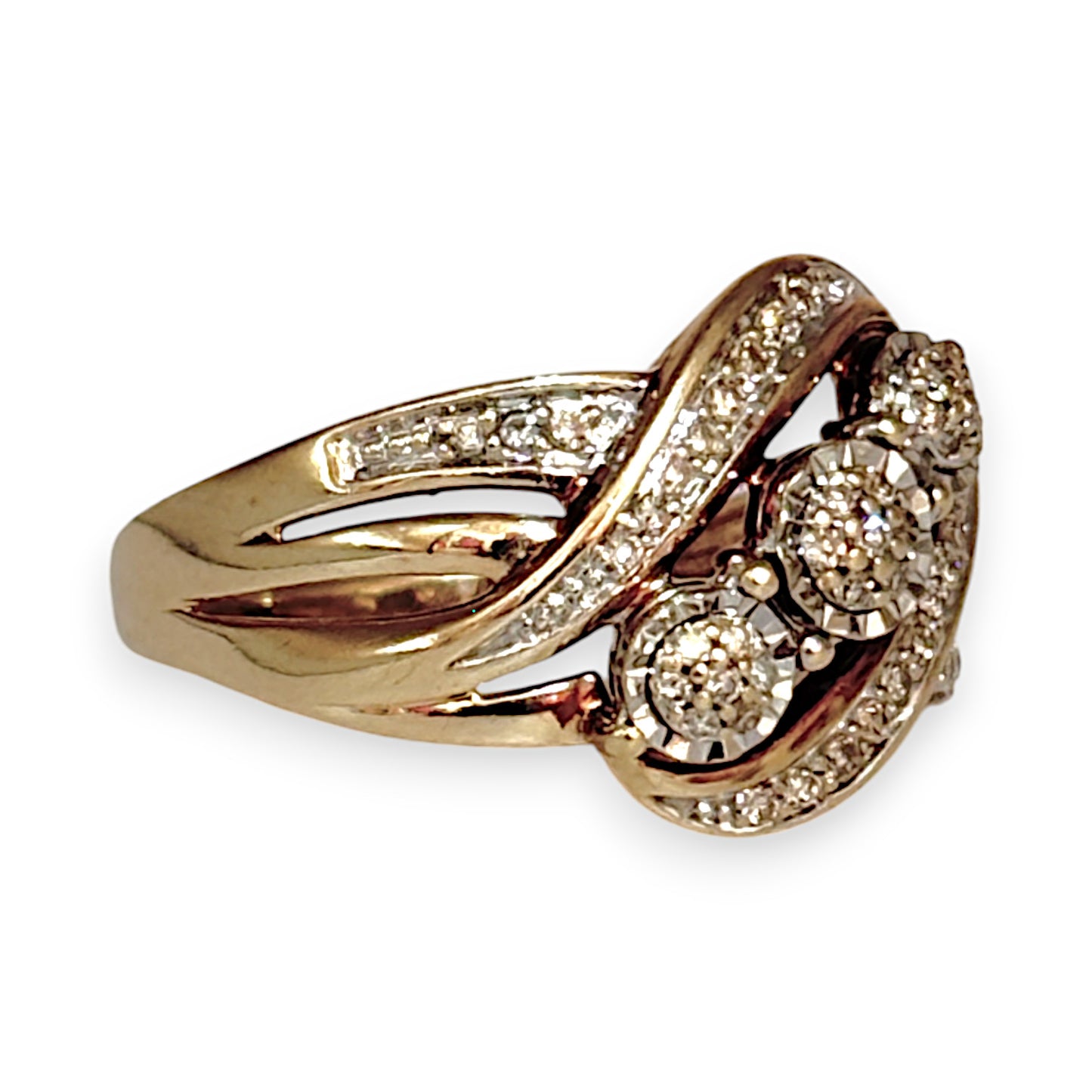 GOLD DEAL | 9ct Gold Cross Over Cluster Diamond Set Ring Valuation $1,650 Size O1/2