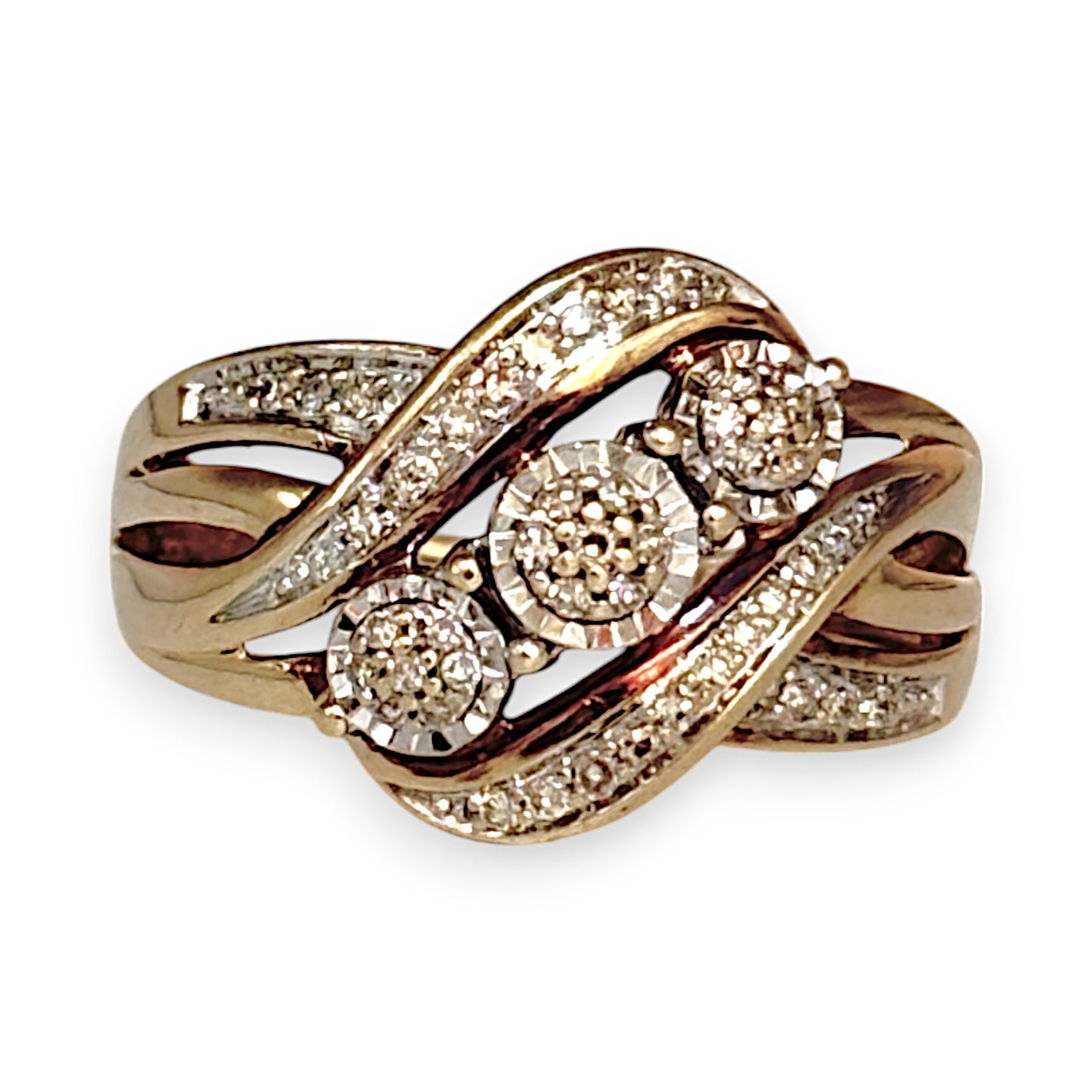 GOLD DEAL | 9ct Gold Cross Over Cluster Diamond Set Ring Valuation $1,650 Size O1/2
