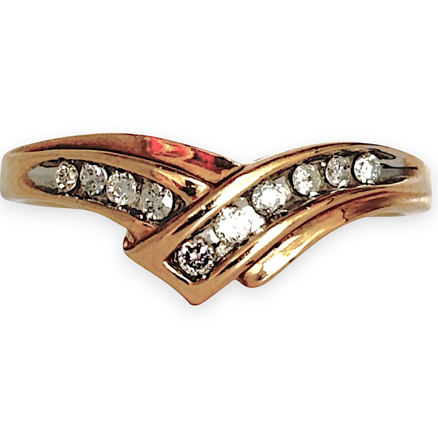9ct Gold Overlapping V Shape Dazzling Diamond Ring, Size N1/2. R # 364