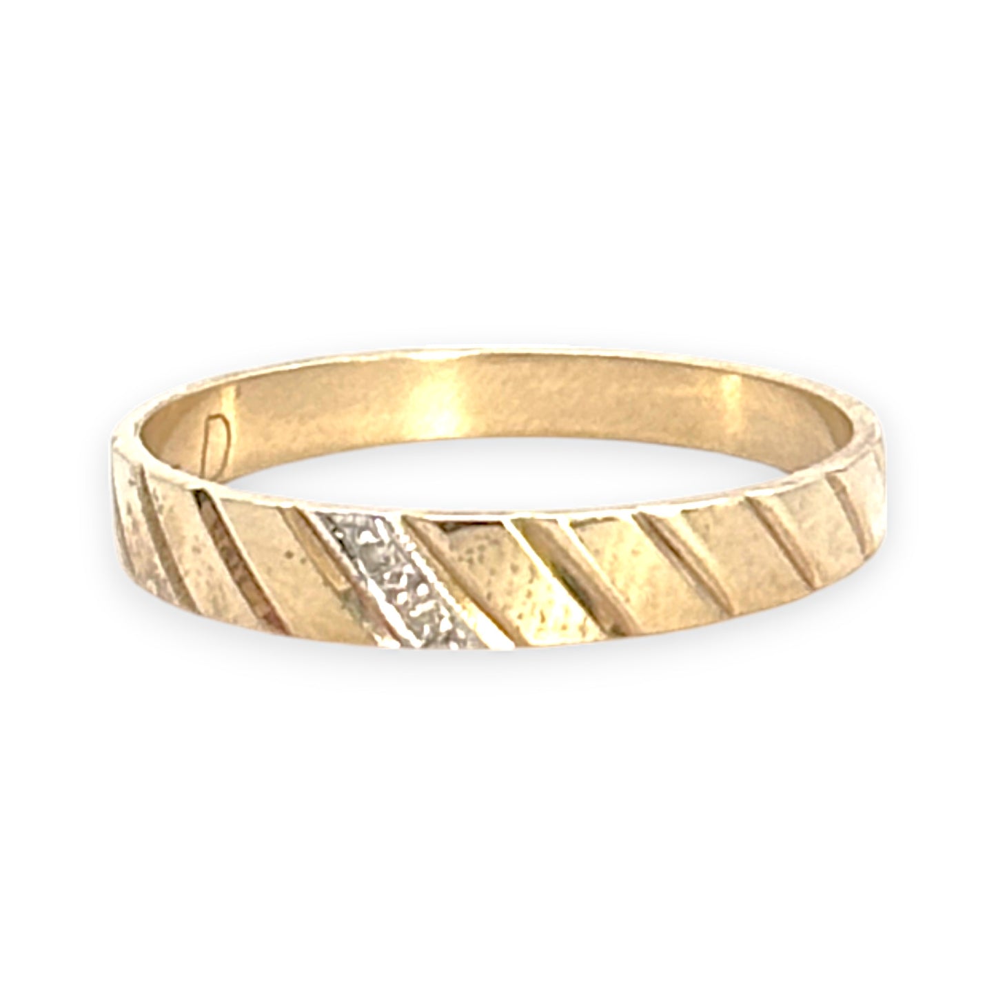 GOLD DEAL | 9ct Gold Solid Striped Band, Diamonds in White Gold Setting Size V-W